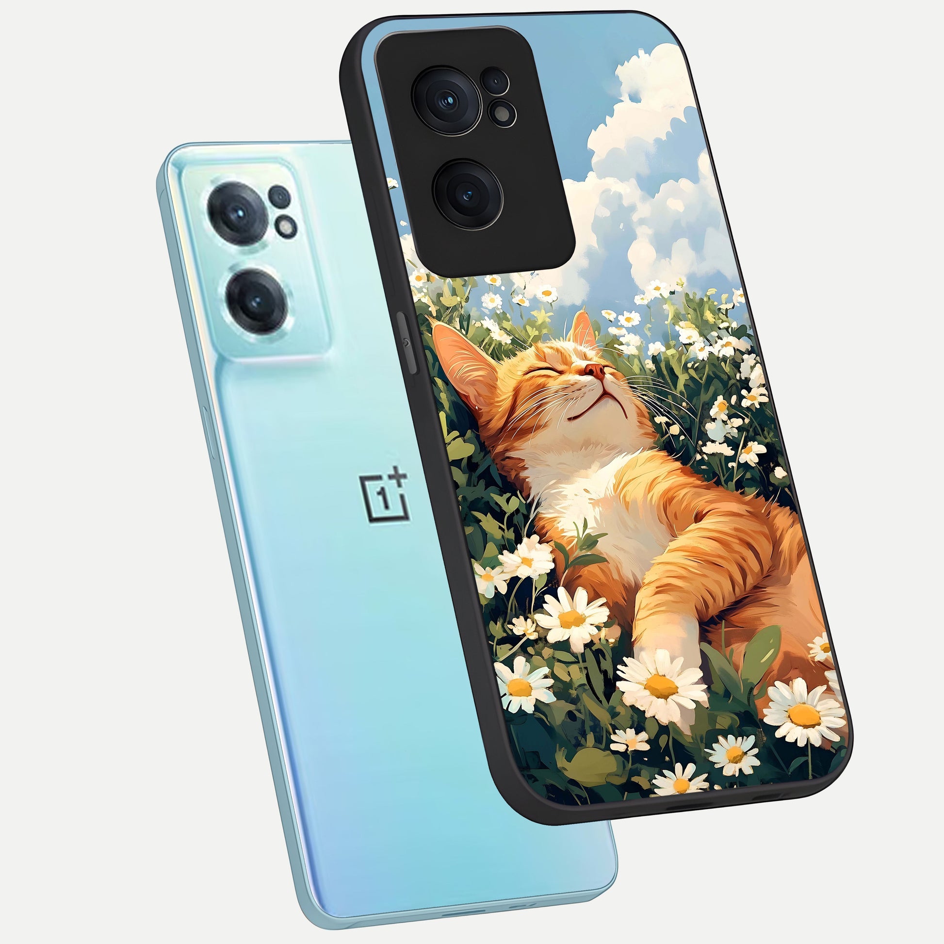  Cat And Flowers View phone case For Oneplus Nord CE2 showing premium glass back cover with detailed artwork
