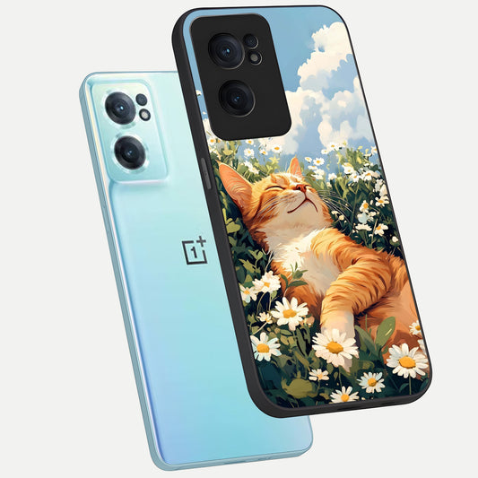  Cat And Flowers View phone case For Oneplus Nord CE2 showing premium glass back cover with detailed artwork