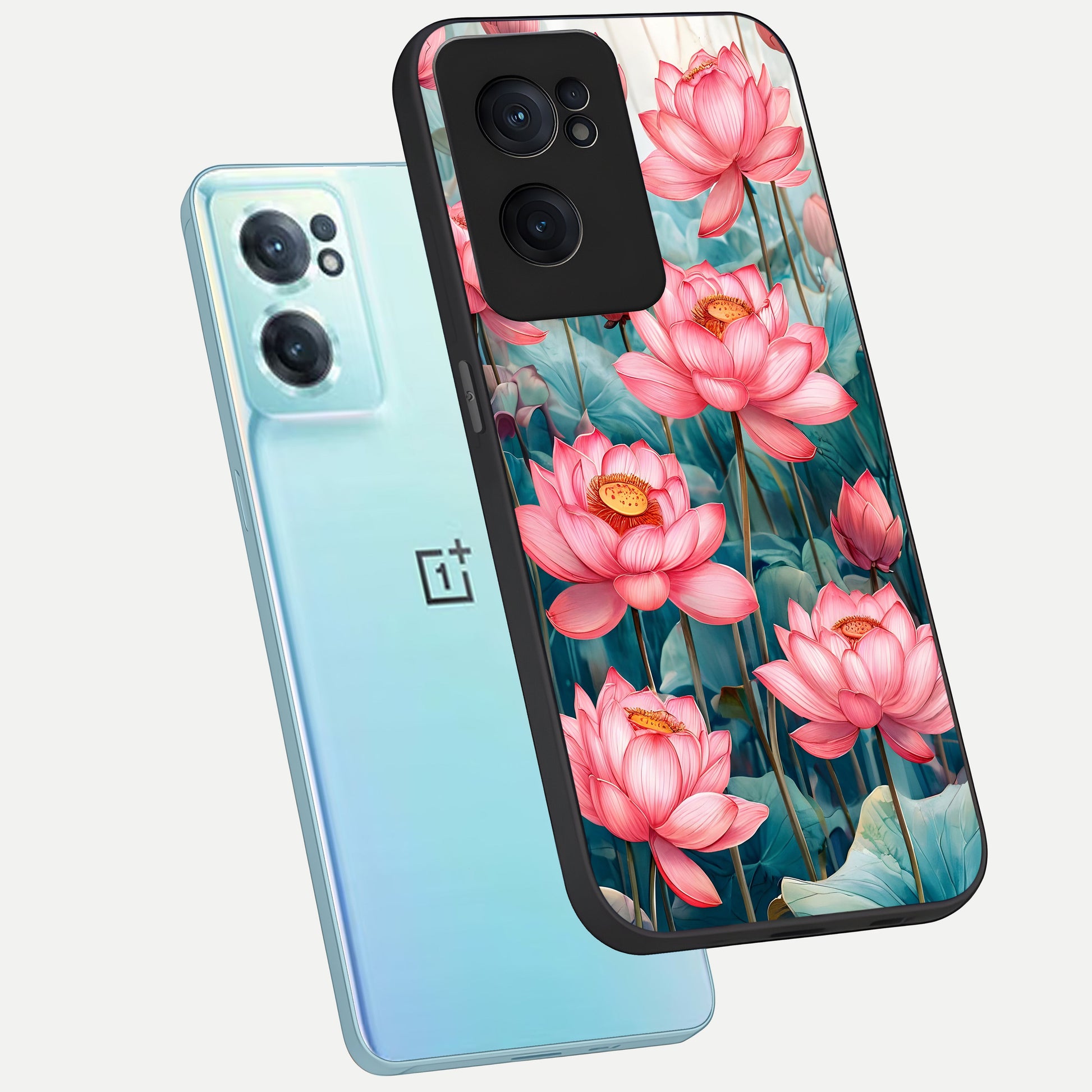  Celestial Pink Lotus phone case For Oneplus Nord CE2 showing premium glass back cover with detailed artwork