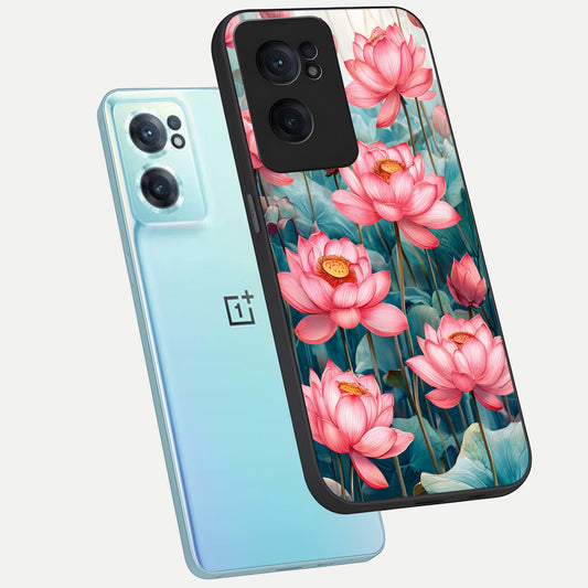  Celestial Pink Lotus phone case For Oneplus Nord CE2 showing premium glass back cover with detailed artwork