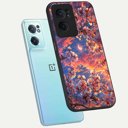  Celestial Sakura Sunset phone case For Oneplus Nord CE2 showing premium glass back cover with detailed artwork