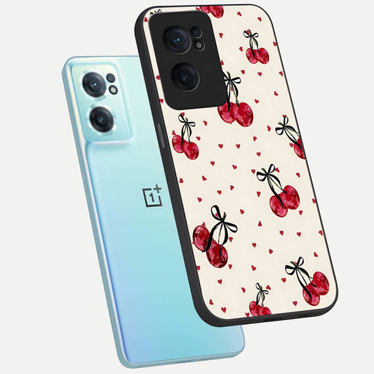  Cherry Heart Bow phone case For Oneplus Nord CE2 showing premium glass back cover with detailed artwork