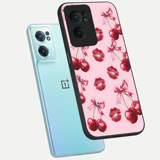  Cherry With Lips phone case For Oneplus Nord CE2 showing premium glass back cover with detailed artwork