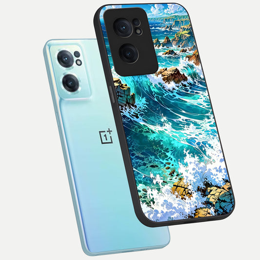  Coastal Blue Waves phone case For Oneplus Nord CE2 showing premium glass back cover with detailed artwork