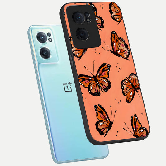  Coral Wing Butterfly phone case For Oneplus Nord CE2 showing premium glass back cover with detailed artwork