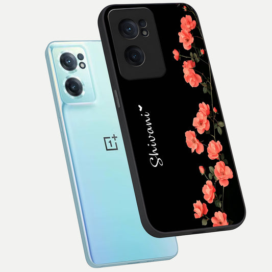 Crimson Bloom Grace Custom Name phone case For Oneplus Nord CE2 showing premium glass back cover with detailed artwork