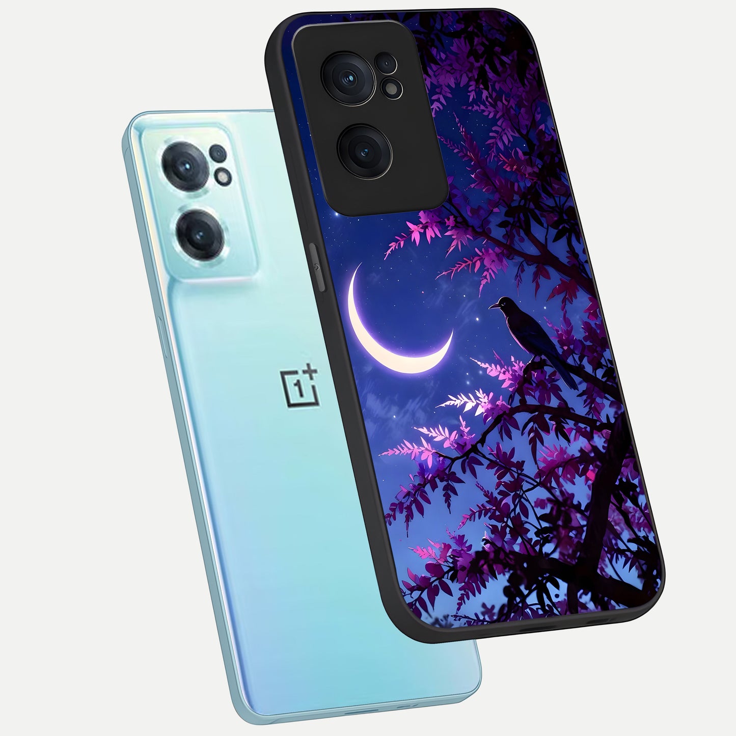  Crow And Moon Scenery phone case For Oneplus Nord CE2 showing premium glass back cover with detailed artwork