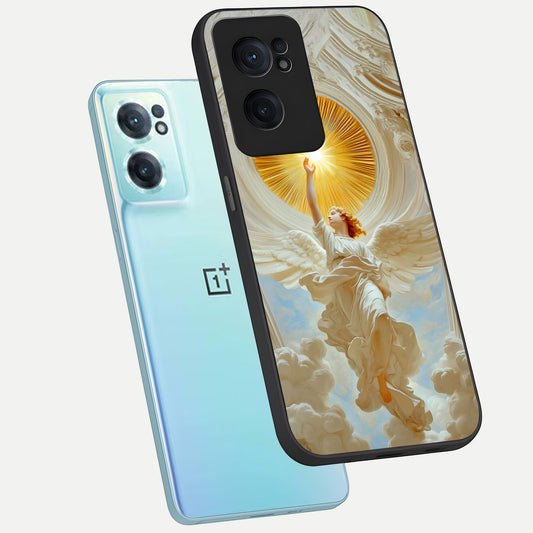  Divine Light Angel phone case For Oneplus Nord CE2 showing premium glass back cover with detailed artwork