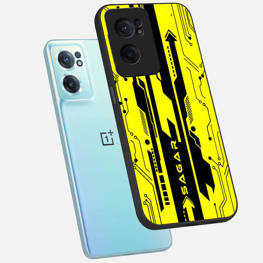  Electric Pulse CYBERPUNK Custom Name phone case For Oneplus Nord CE2 showing premium glass back cover with detailed artwork