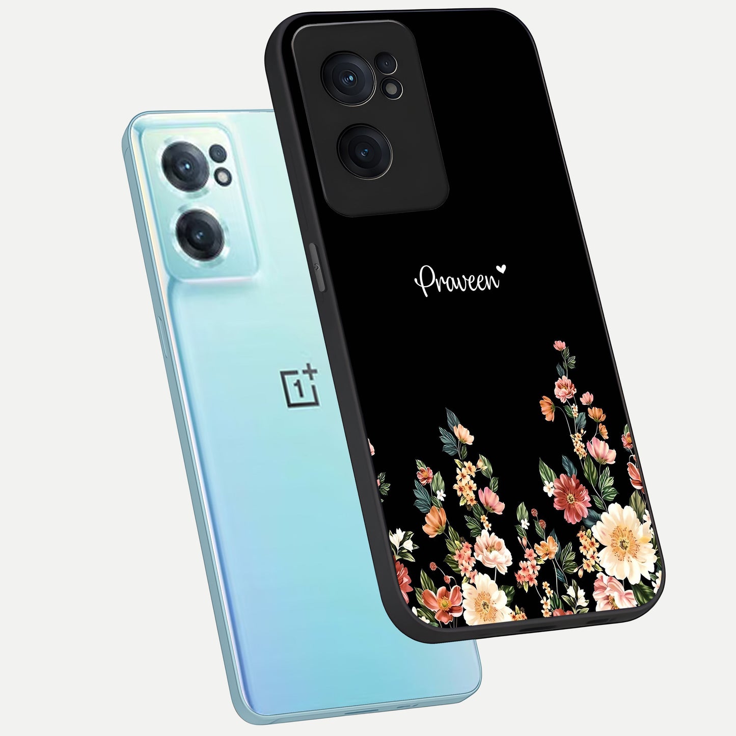  Floral Design Personalized Custom Name phone case For Oneplus Nord CE2 showing premium glass back cover with detailed artwork