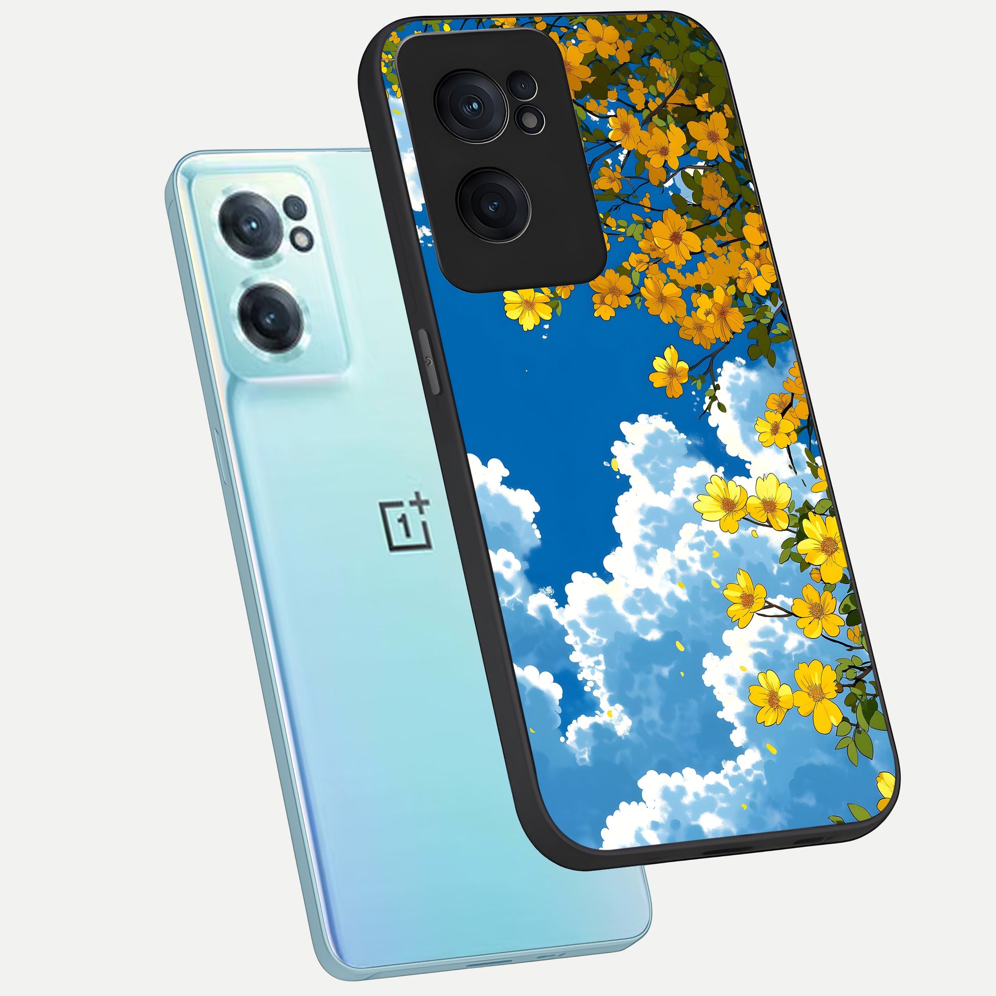  Golden Petal Sky phone case For Oneplus Nord CE2 showing premium glass back cover with detailed artwork
