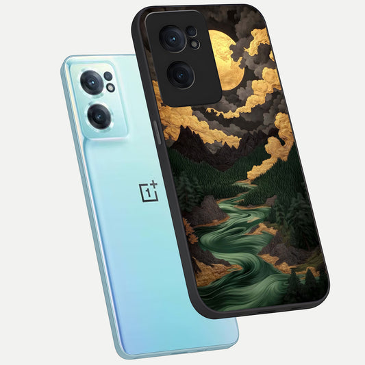  Golden River Moon phone case For Oneplus Nord CE2 showing premium glass back cover with detailed artwork