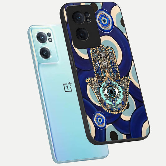 Hamsa Divine Guard phone case For Oneplus Nord CE2 showing premium glass back cover with detailed artwork