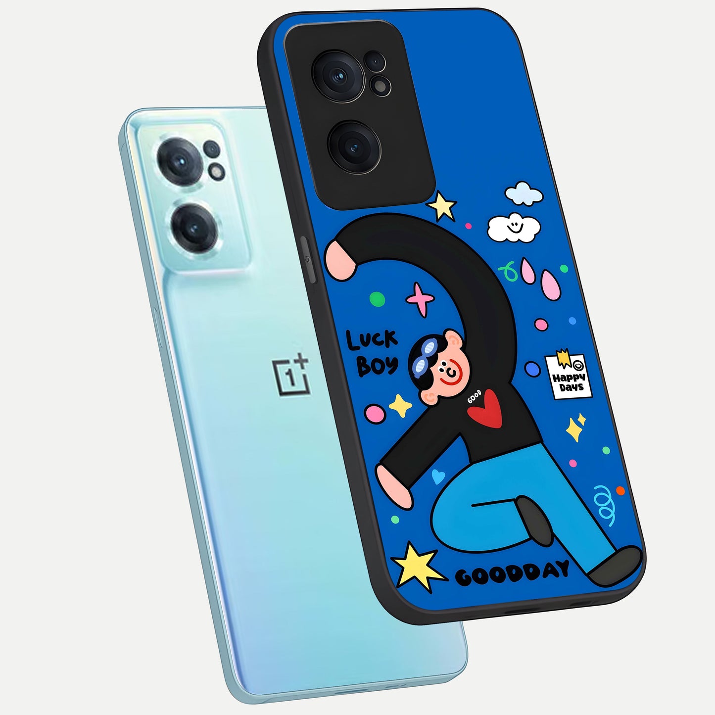  Happy Luck Vibe phone case For Oneplus Nord CE2 showing premium glass back cover with detailed artwork