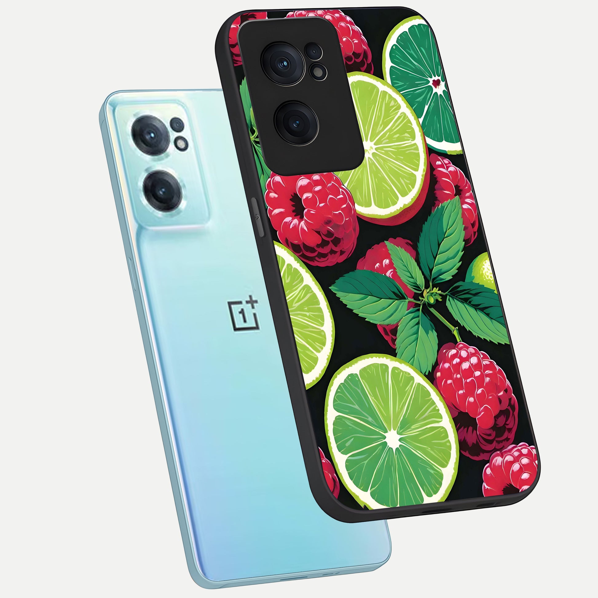  Lime and Raspberry Pattern phone case For Oneplus Nord CE2 showing premium glass back cover with detailed artwork