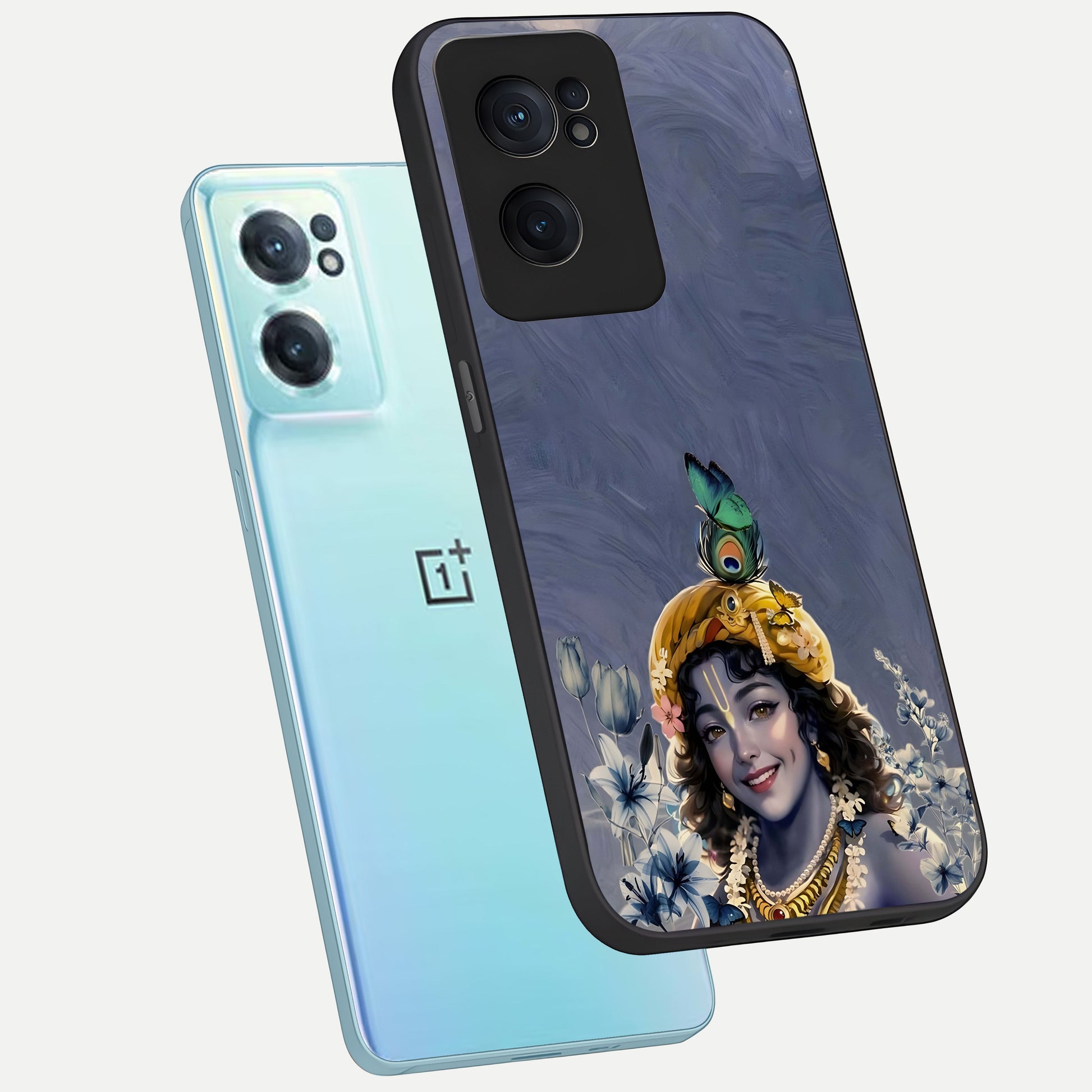  Lord Krishna phone case For Oneplus Nord CE2 showing premium glass back cover with detailed artwork