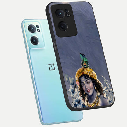  Lord Krishna phone case For Oneplus Nord CE2 showing premium glass back cover with detailed artwork