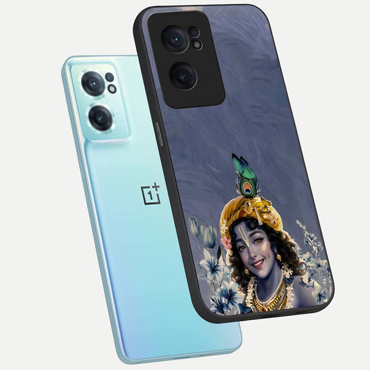  Lord Krishna phone case For Oneplus Nord CE2 showing premium glass back cover with detailed artwork