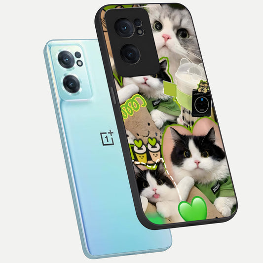  Matcha Cats Mood phone case For Oneplus Nord CE2 showing premium glass back cover with detailed artwork