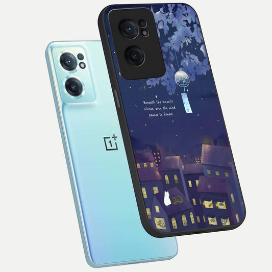  Moonlit Cat Silence phone case For Oneplus Nord CE2 showing premium glass back cover with detailed artwork