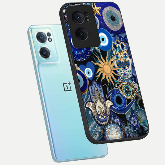  Mystic Blue Evil Eye phone case For Oneplus Nord CE2 showing premium glass back cover with detailed artwork