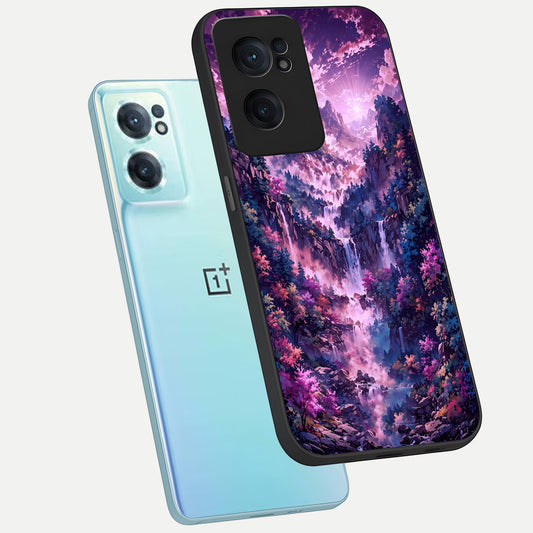 Mystic Cascade Peaks phone case For Oneplus Nord CE2 showing premium glass back cover with detailed artwork