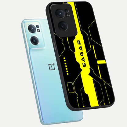  Neon CYBERPUNK Custom Name phone case For Oneplus Nord CE2 showing premium glass back cover with detailed artwork
