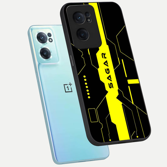  Neon CYBERPUNK Custom Name phone case For Oneplus Nord CE2 showing premium glass back cover with detailed artwork