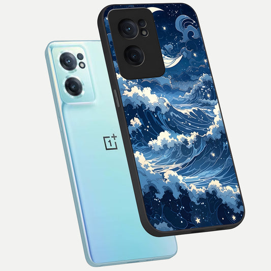  Ocean Moon Waves phone case For Oneplus Nord CE2 showing premium glass back cover with detailed artwork