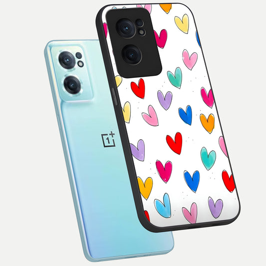  Playful Love Doodles phone case For Oneplus Nord CE2 showing premium glass back cover with detailed artwork