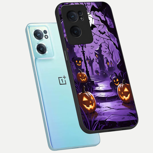  Pumpkin Patch Halloween phone case For Oneplus Nord CE2 showing premium glass back cover with detailed artwork