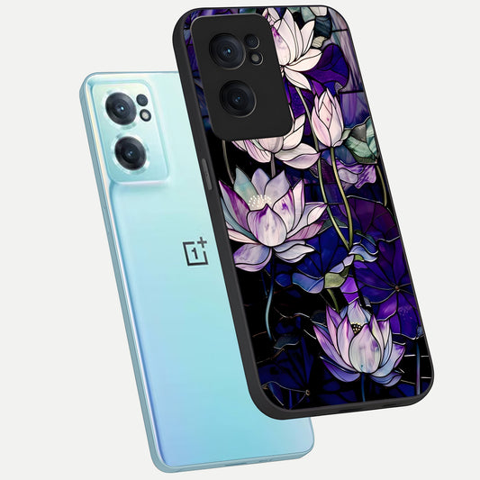  Purple Lotus Pattern phone case For Oneplus Nord CE2 showing premium glass back cover with detailed artwork