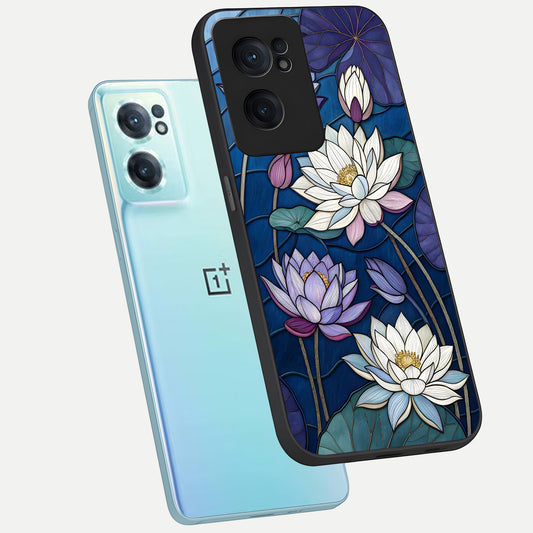  Purple Lotus Stained phone case For Oneplus Nord CE2 showing premium glass back cover with detailed artwork