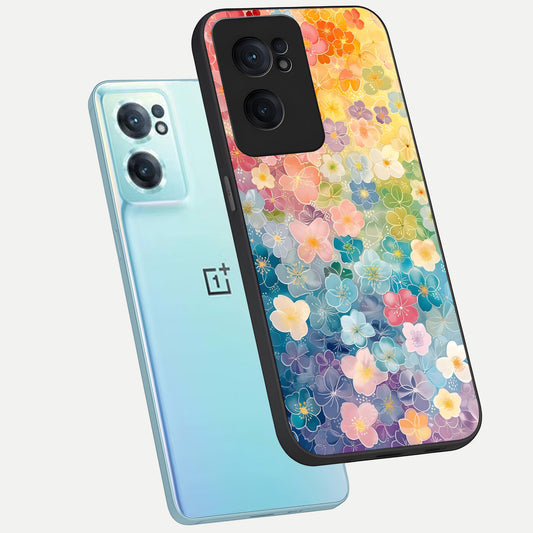  Rainbow Blossom Burst phone case For Oneplus Nord CE2 showing premium glass back cover with detailed artwork