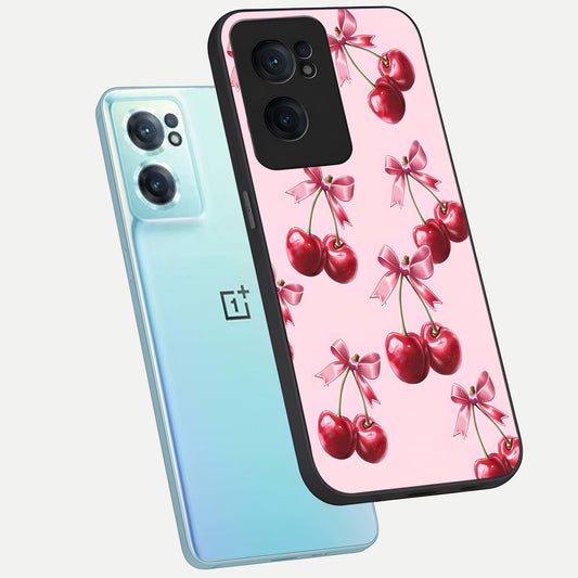  Red Cherries Pattern phone case For Oneplus Nord CE2 showing premium glass back cover with detailed artwork