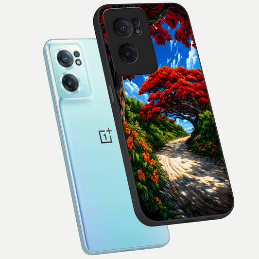  Red Trees Pathway phone case For Oneplus Nord CE2 showing premium glass back cover with detailed artwork