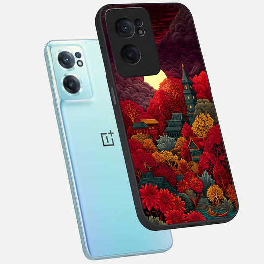  Scarlet Autumn Temple phone case For Oneplus Nord CE2 showing premium glass back cover with detailed artwork