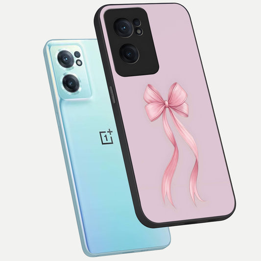  Soft Blush Bow phone case For Oneplus Nord CE2 showing premium glass back cover with detailed artwork