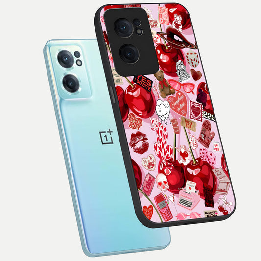  Sweet Cherry Chaos phone case For Oneplus Nord CE2 showing premium glass back cover with detailed artwork