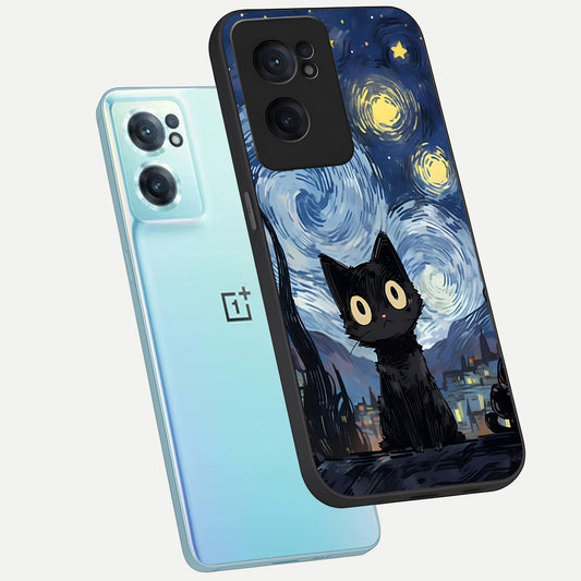  Van Gogh Cat phone case For Oneplus Nord CE2 showing premium glass back cover with detailed artwork