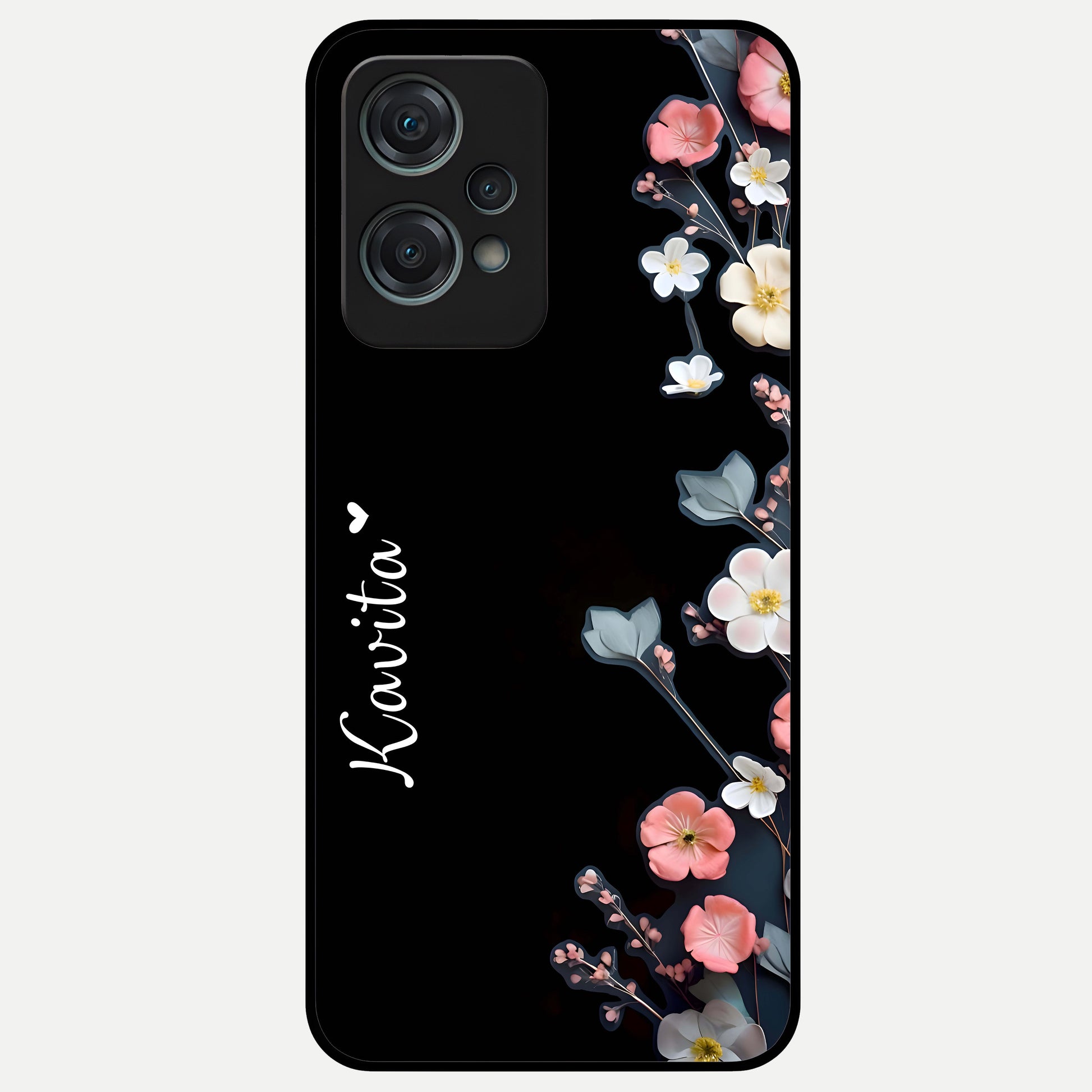  Black Elegance Floral Custom Name Glass Case For Oneplus Nord CE2 Lite back cover – full design glossy printed glass finish
