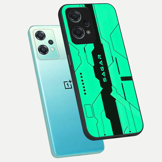  Aqua Tech CYBERPUNK Custom Name phone case For Oneplus Nord CE2 Lite showing premium glass back cover with detailed artwork