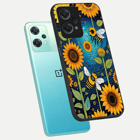  Bees And Sunflowers phone case For Oneplus Nord CE2 Lite showing premium glass back cover with detailed artwork
