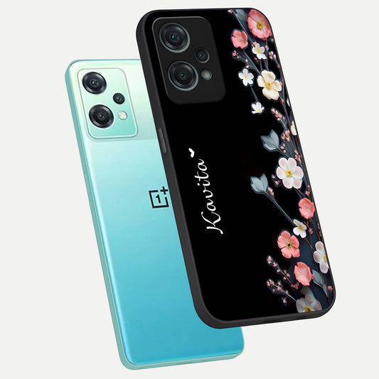  Black Elegance Floral Custom Name phone case For Oneplus Nord CE2 Lite showing premium glass back cover with detailed artwork