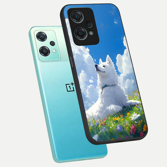  Blissful Cloud Pup phone case For Oneplus Nord CE2 Lite showing premium glass back cover with detailed artwork