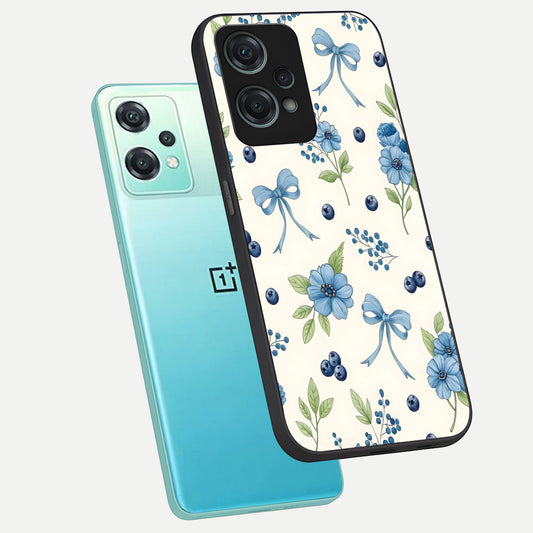  Blue Flower And Bow phone case For Oneplus Nord CE2 Lite showing premium glass back cover with detailed artwork