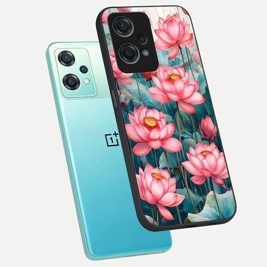  Celestial Pink Lotus phone case For Oneplus Nord CE2 Lite showing premium glass back cover with detailed artwork