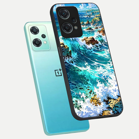  Coastal Blue Waves phone case For Oneplus Nord CE2 Lite showing premium glass back cover with detailed artwork