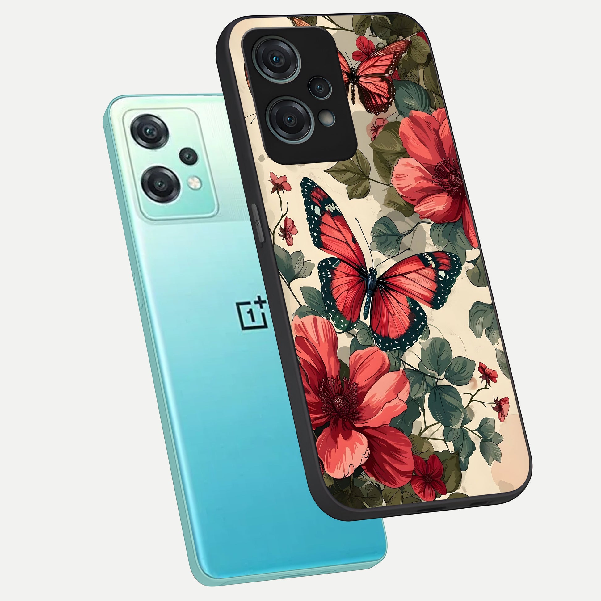  Crimson Butterfly Garden phone case For Oneplus Nord CE2 Lite showing premium glass back cover with detailed artwork