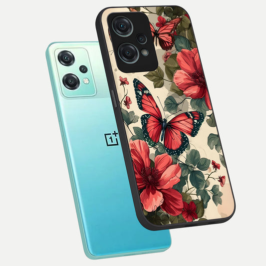  Crimson Butterfly Garden phone case For Oneplus Nord CE2 Lite showing premium glass back cover with detailed artwork
